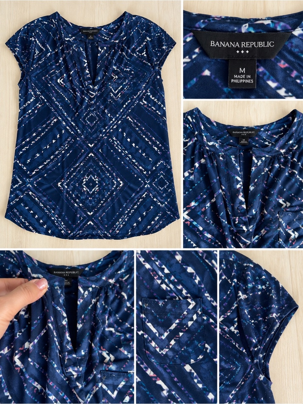 Banana Republic Navy Geometric Split-Neck Cap Sleeve Blouse